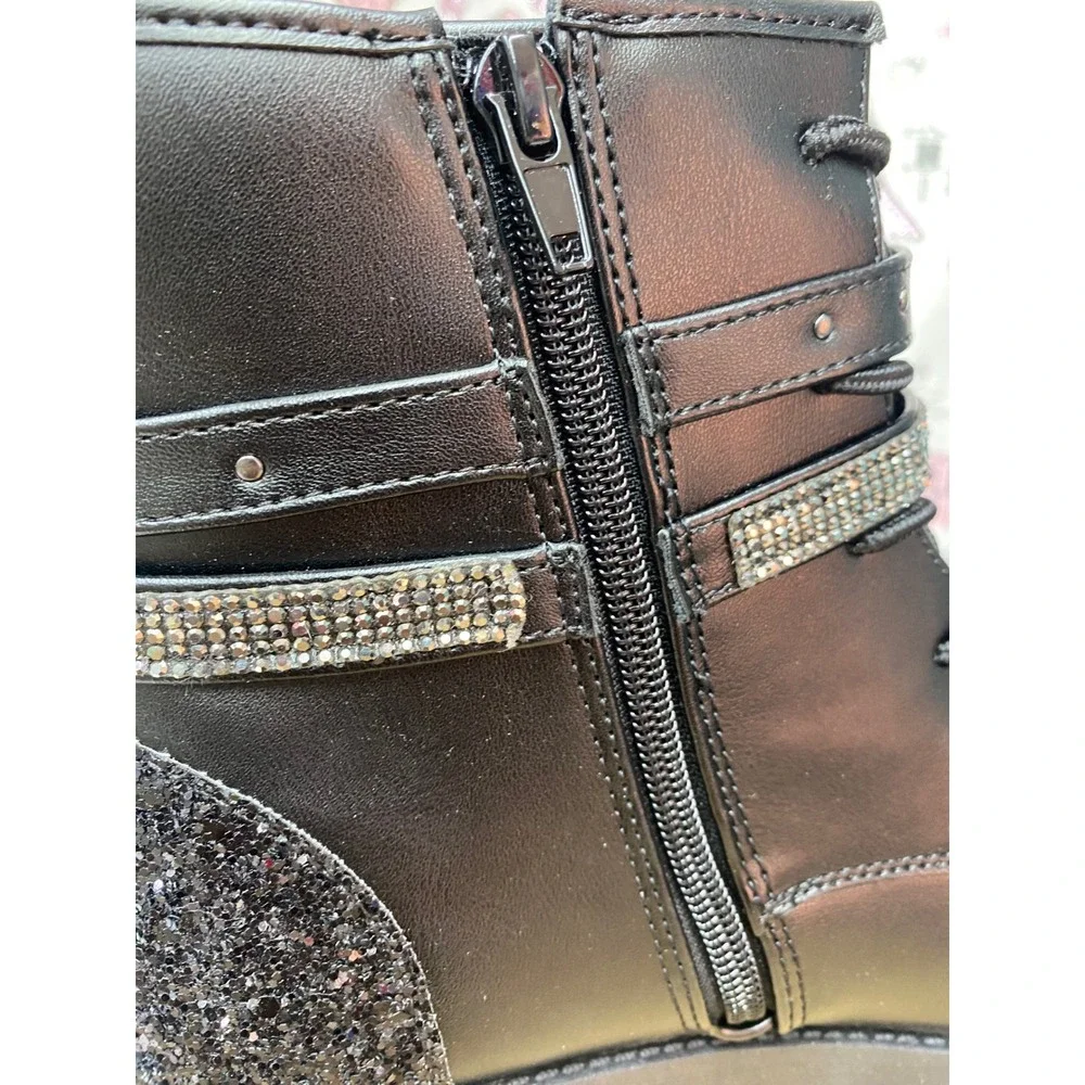 Mix No. 6 Carly Kids Black Glitter Rhinestone Buckle Combat Boots Size 6M New